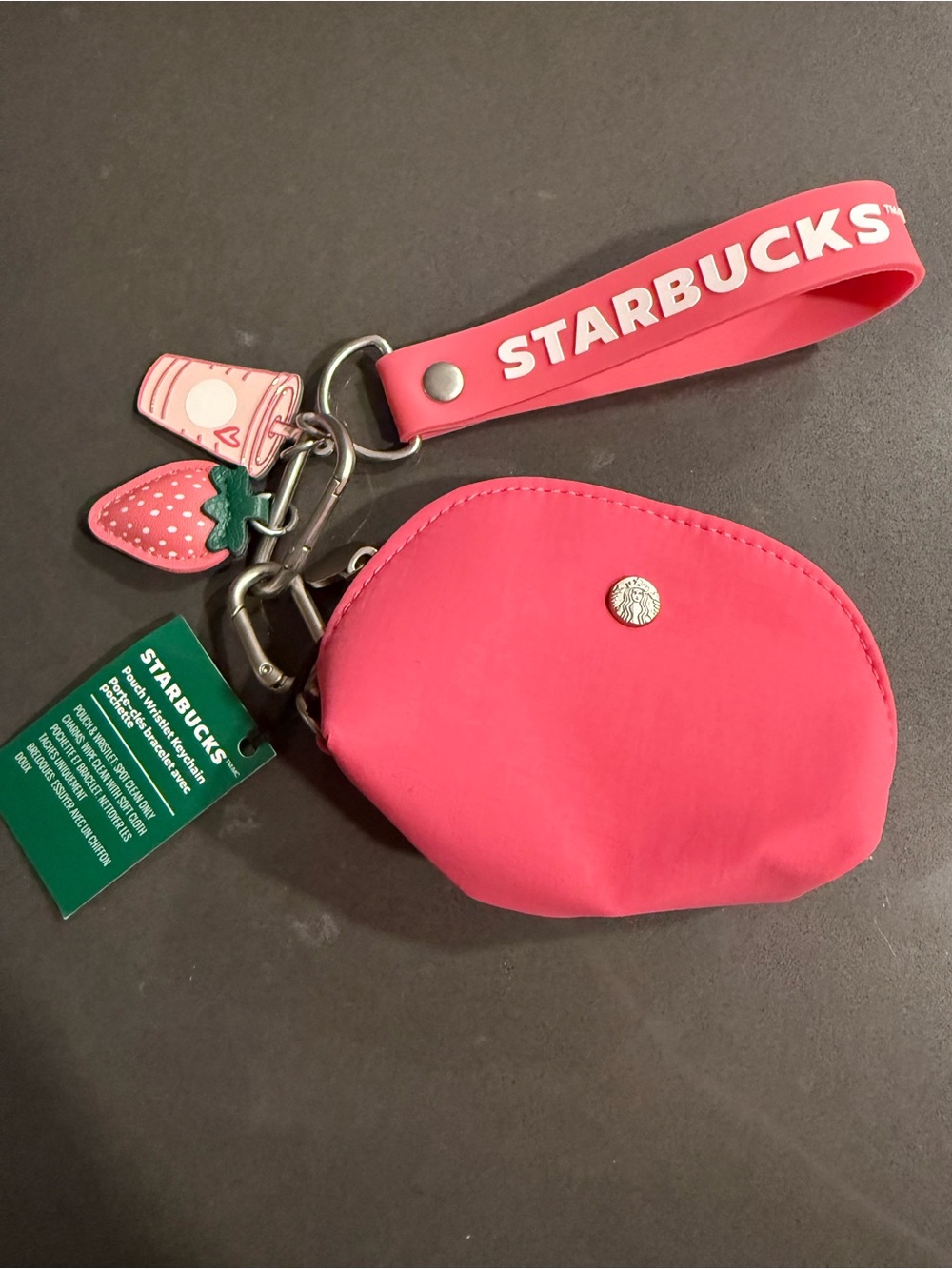 NWT Starbucks Hot Pink Wristlet Keychain Pouch with Branded Strap and Charms🍓